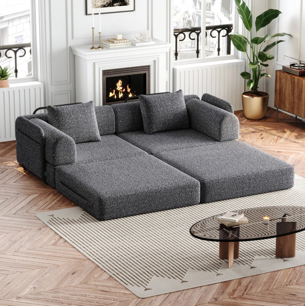 Divano letto singolo 2 in 1 con vano portaoggetti nel bracciolo in chenille grigio