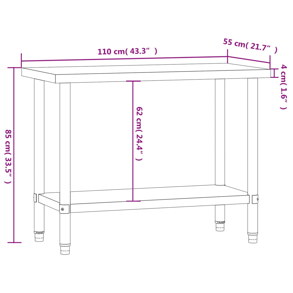 Tavolo da Lavoro da Cucina 110x55x85 cm in Acciaio Inossidabile 376455