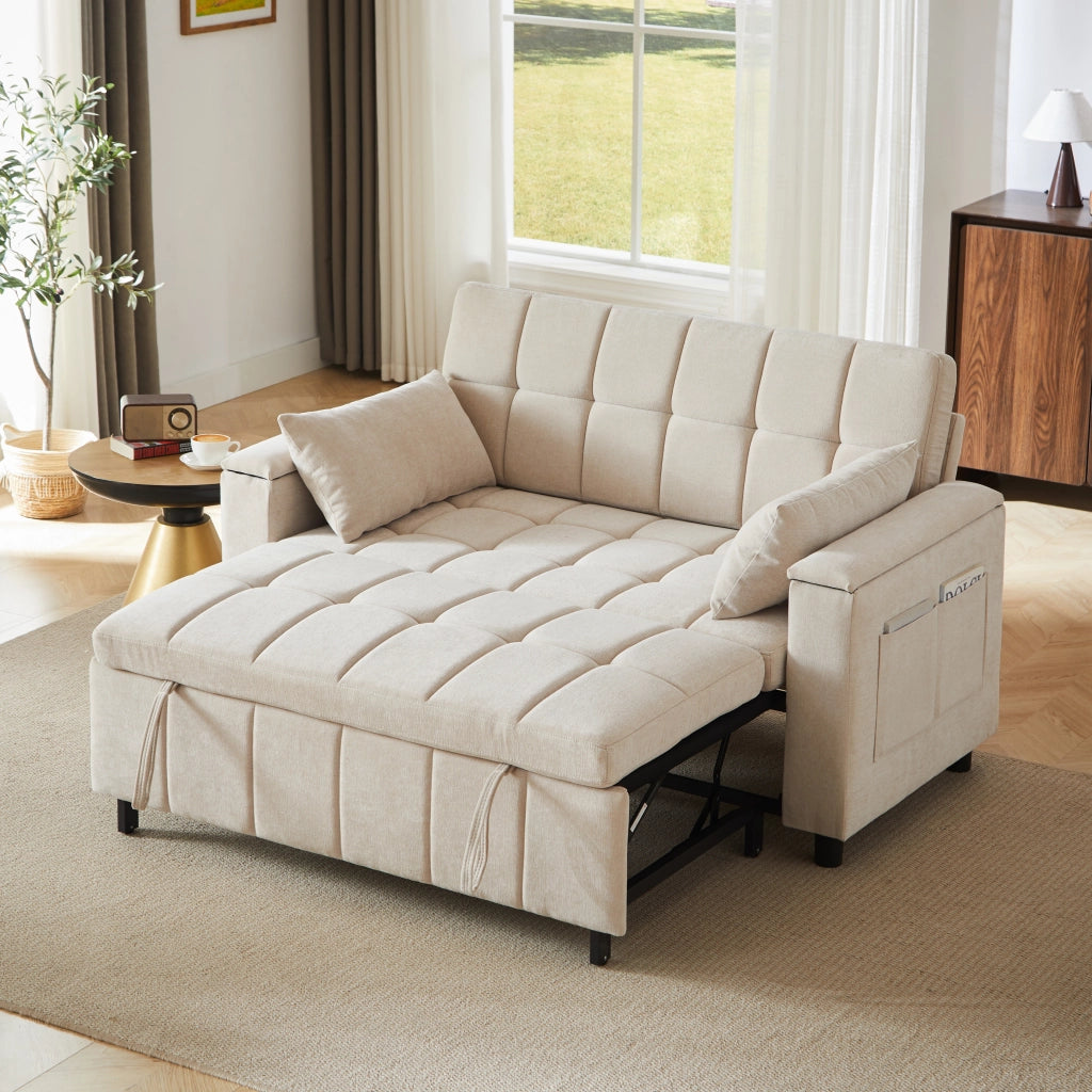 Divano letto convertibile 2 posti con vano nei braccioli e tasche laterali, struttura in metallo, ciniglia beige
