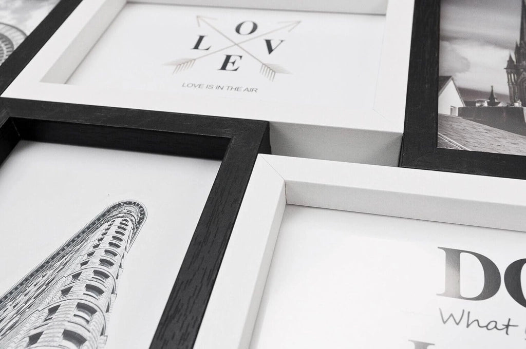 Cornice Portafoto Multipla Mosaico Legno MDF Parete Bianco Nero 6 Foto Da 10x15 Cm