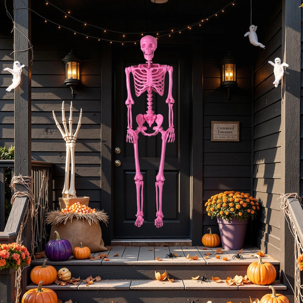 Scheletro di halloween da 160 cm, Scheletro a grandezza naturale con giunture mobili per decorazioni da cimitero Rosa-Halloween