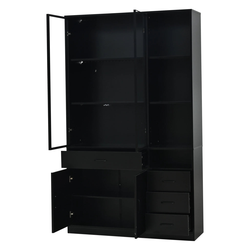 Hochschrank con vetrina in vetro, 120 x 35 x 200 cm, con 4 cassetti, 13 vani, LED, colore nero