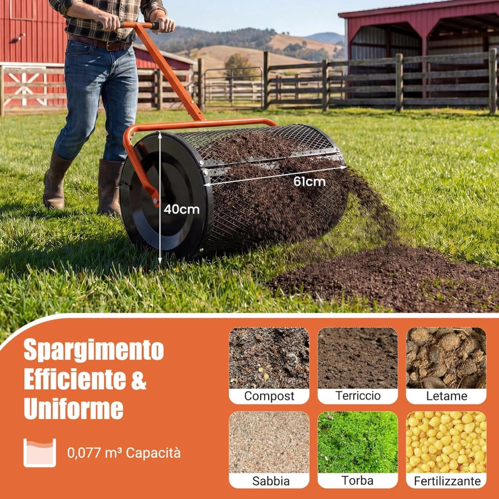 Spandiconcime a Rullo, Rullo da Giardino con Impugnatura Pratica Chiusure Laterali e Rete in Metallo per Concimazione e Semina, Spandiconcime per Prato e Giardino (40 x 61 cm Arancione)