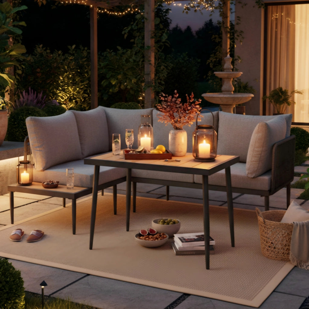 Set da Giardino Angolare con Tavolo ¨C MINIMAL ¨C Polyrattan Grigio, Acciaio Zincato