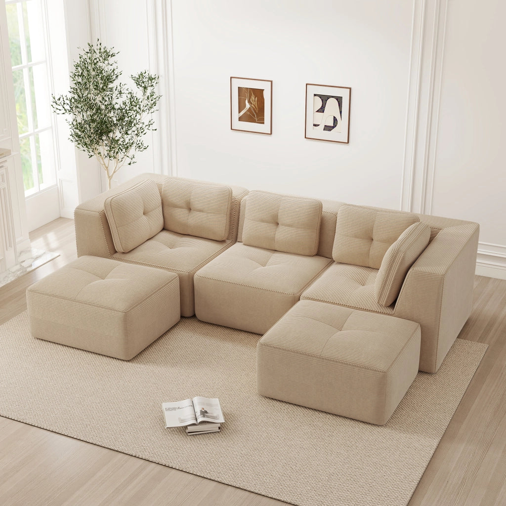 Divano angolare modulare in velluto a coste con seduta profonda e braccioli larghi senza montaggio, beige