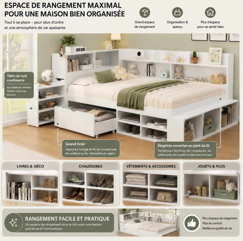 Letto per bambini multifunzione 140x200 cm con cassetti; ripiani e rete a doghe; bianco