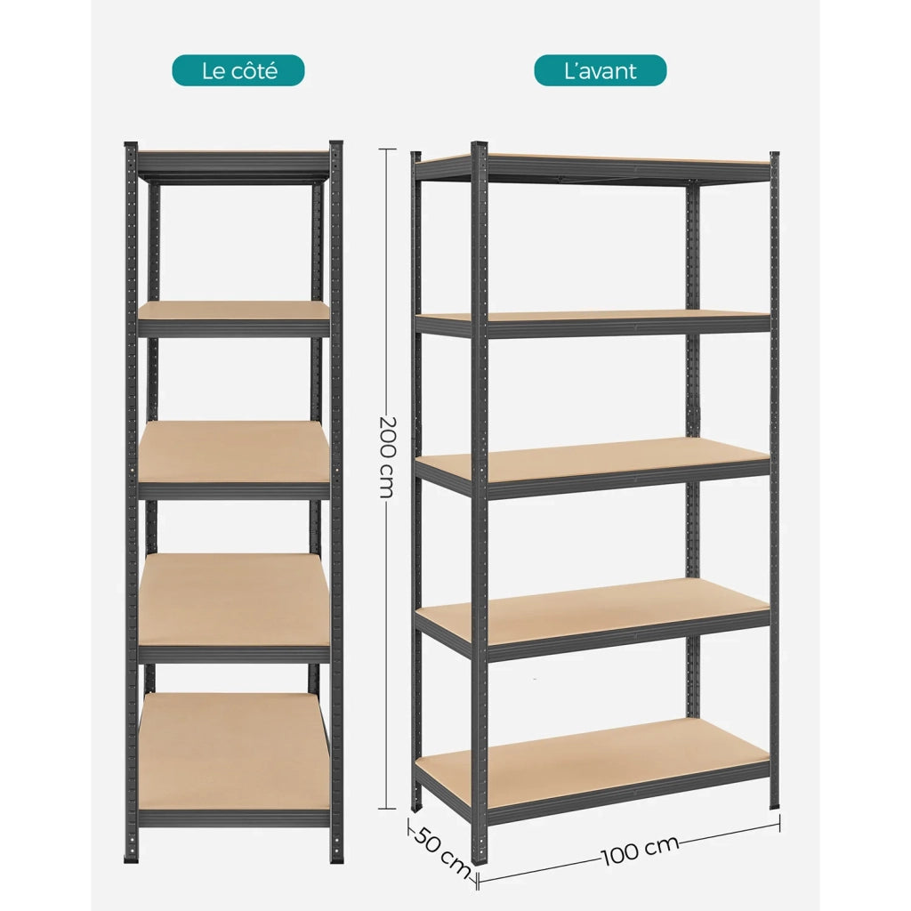 Scaffalatura metallica per carichi pesanti 200 x 100 x 50 cm 5 ripiani portata totale 875 kg (175 kg/ripiano) ripiani regolabili per garage/cantina nero 12_0005594
