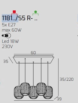 SOSPENSIONE OTTONE SAT. 5 LUCI RETTANGOLARE VETRI 2X TR + 3X AM 1181OS-S5 R-TA