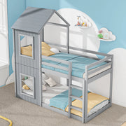 OKWISH Letto a Castello 90×200 cm, Letto Singolo con Spondina di Sicurezza, Scala e Struttura a Casetta, senza Materasso, in Pino, Grigio