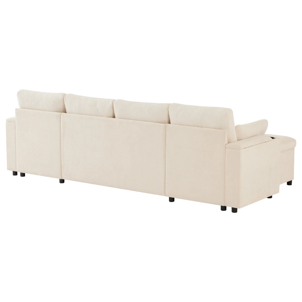 Divano angolare convertibile 4 posti con vano contenitore, portabicchieri e cuscini, in Chenille e Corduroy Beige