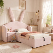 Letto singolo rosa 90x200 con orecchie di coniglio e comodino