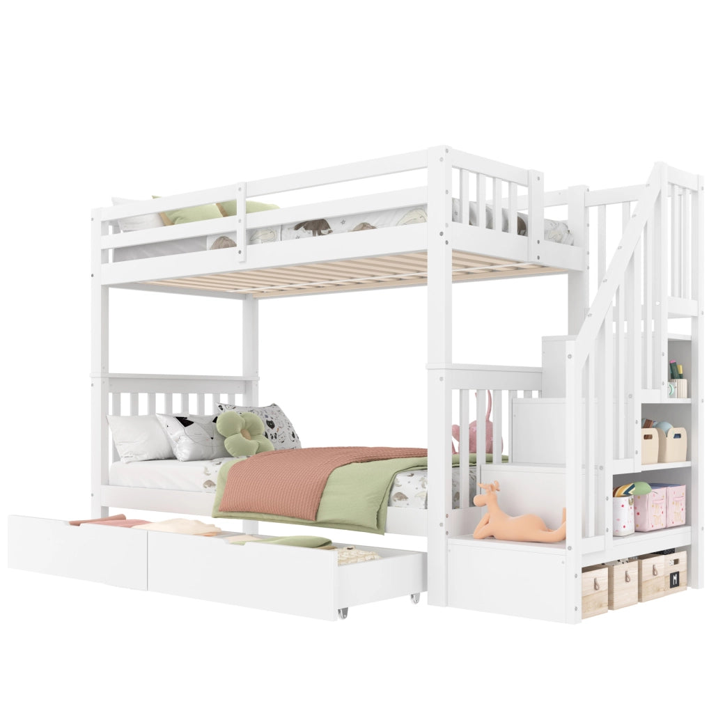 Letto a castello ULEVR 90x200 cm con scala a ripiani, 2 cassetti e sponde alte, bianco