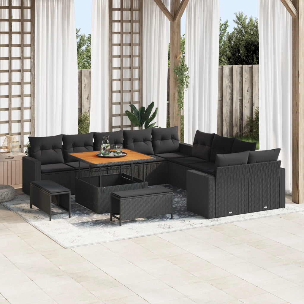 Set divano da giardino  13 pezzi con cuscini Polyrattan nero Acacia