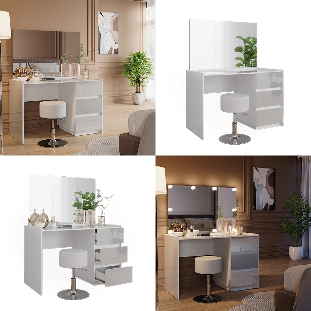 Vicco Tavolino da toilette Bianco lucido 120 cm con specchio e sgabello