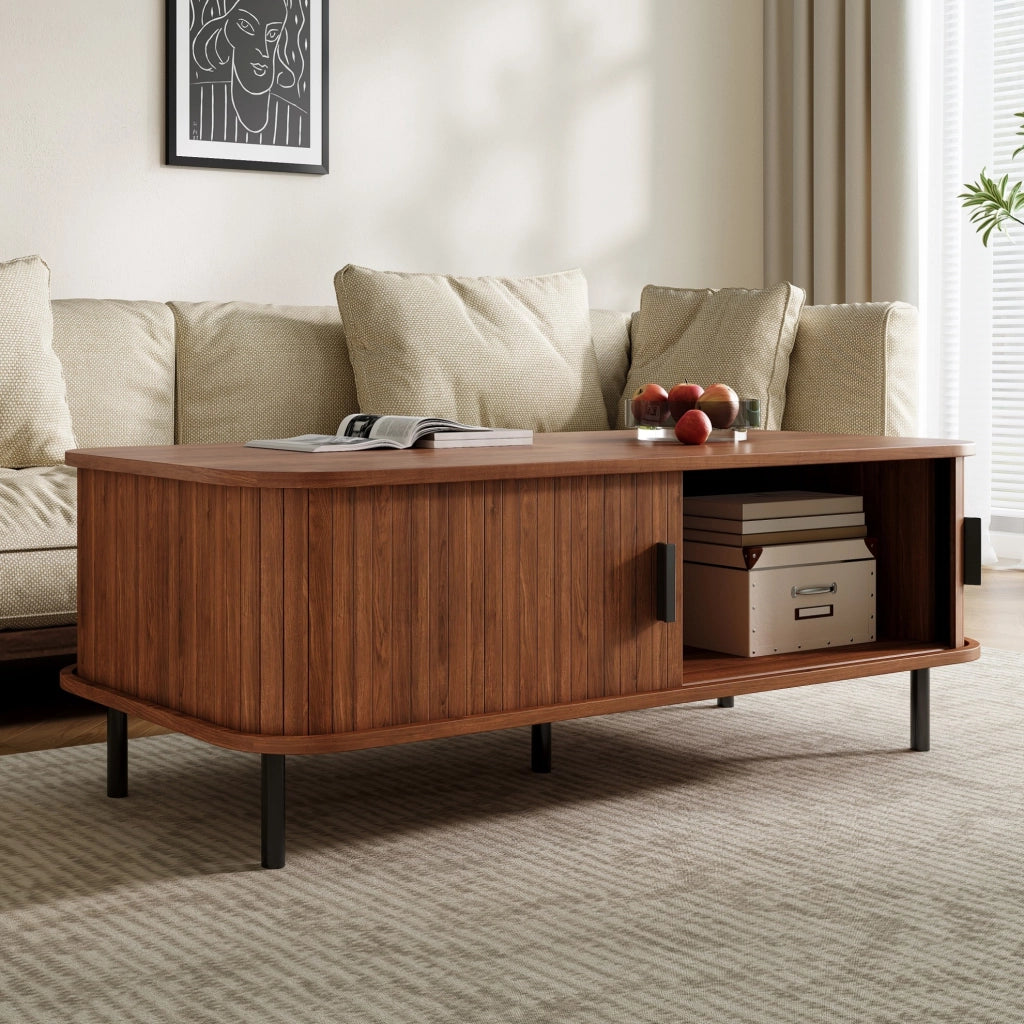 Tavolino da salotto 120x55x45 cm con ante scorrevoli; vano contenitore; MDF e pannello truciolare; noce