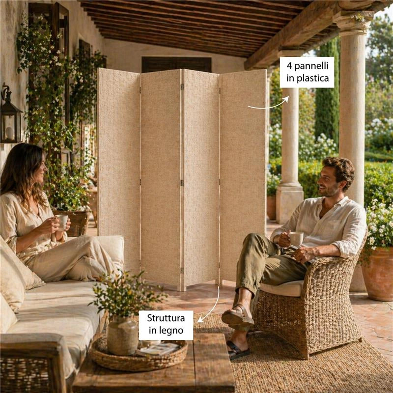SEPARE' CON QUATTRO PANNELLI IN PLASTICA BEIGE CON STRUTTURA IN LEGNO MISURE: 180X180 CM