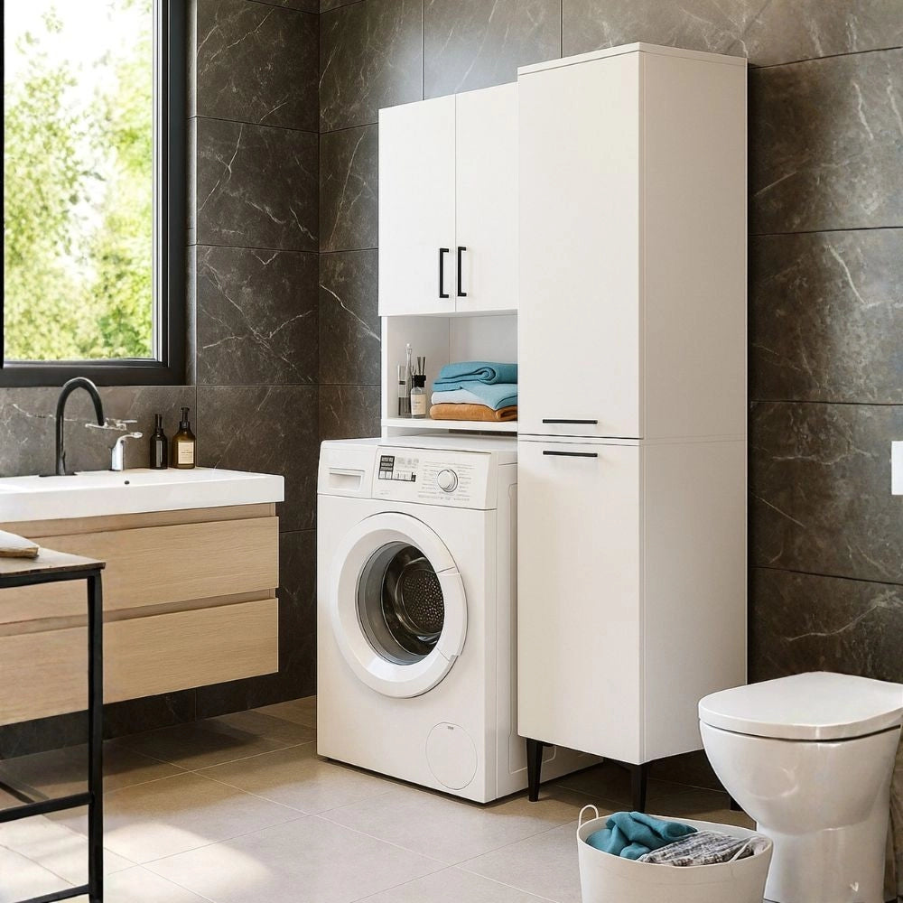 Mobile Multiuso Singa Bianco con Cesto Porta Biancheria e Ripiani – 180 cm
