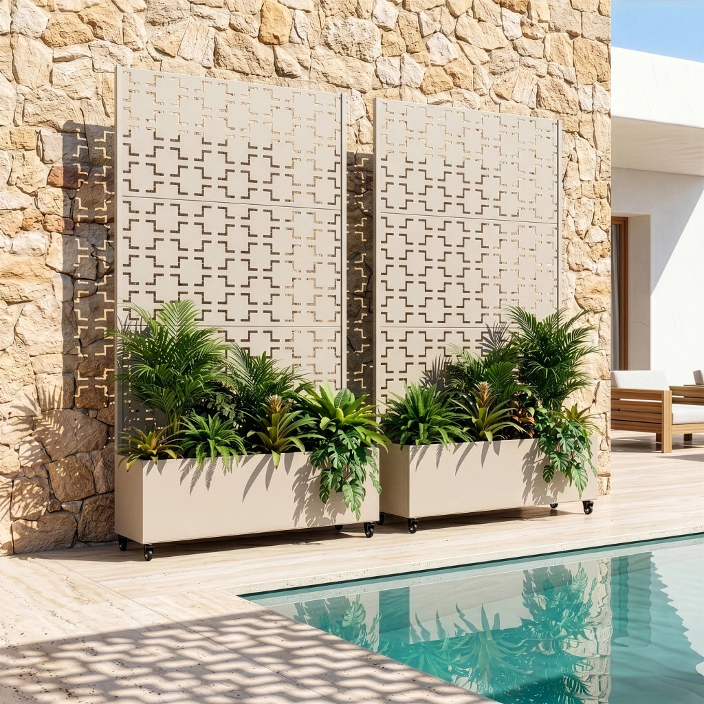 Fioriera con Spalliera Aaskis a Rotelle in Acciaio 190 x 82 x 38 cm - Beige casa.pro