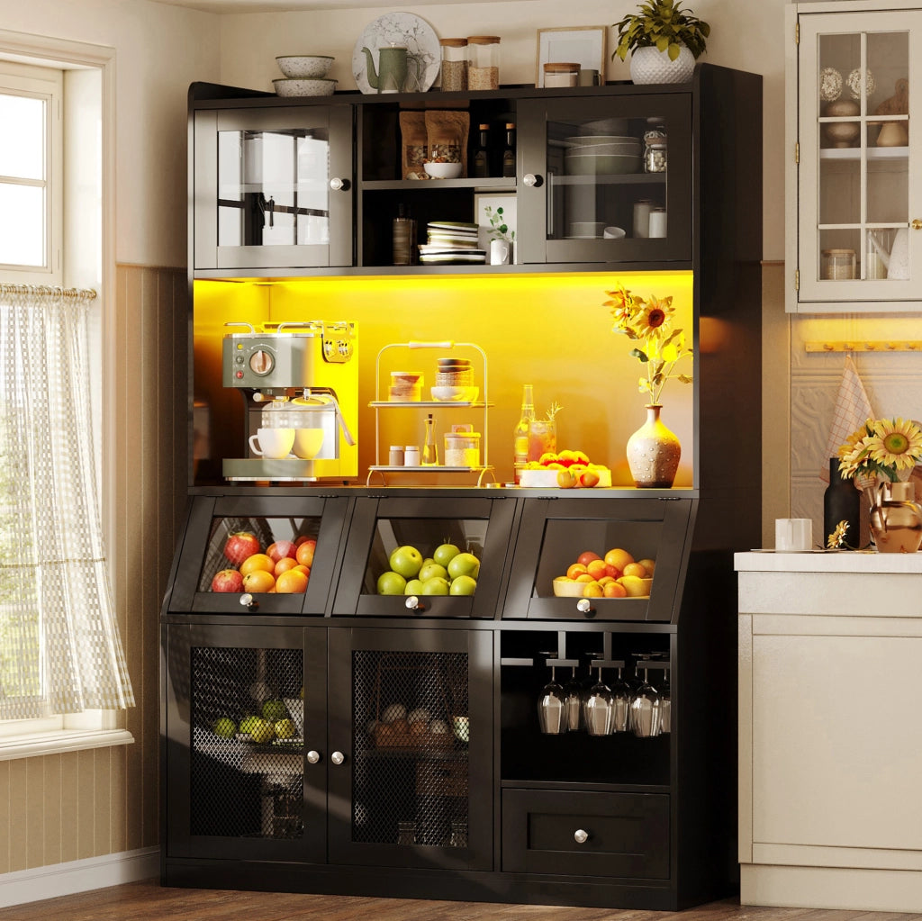 Credenza cucina 120x40x181.7 cm con luci LED multicolore; anta in vetro; MDF nero