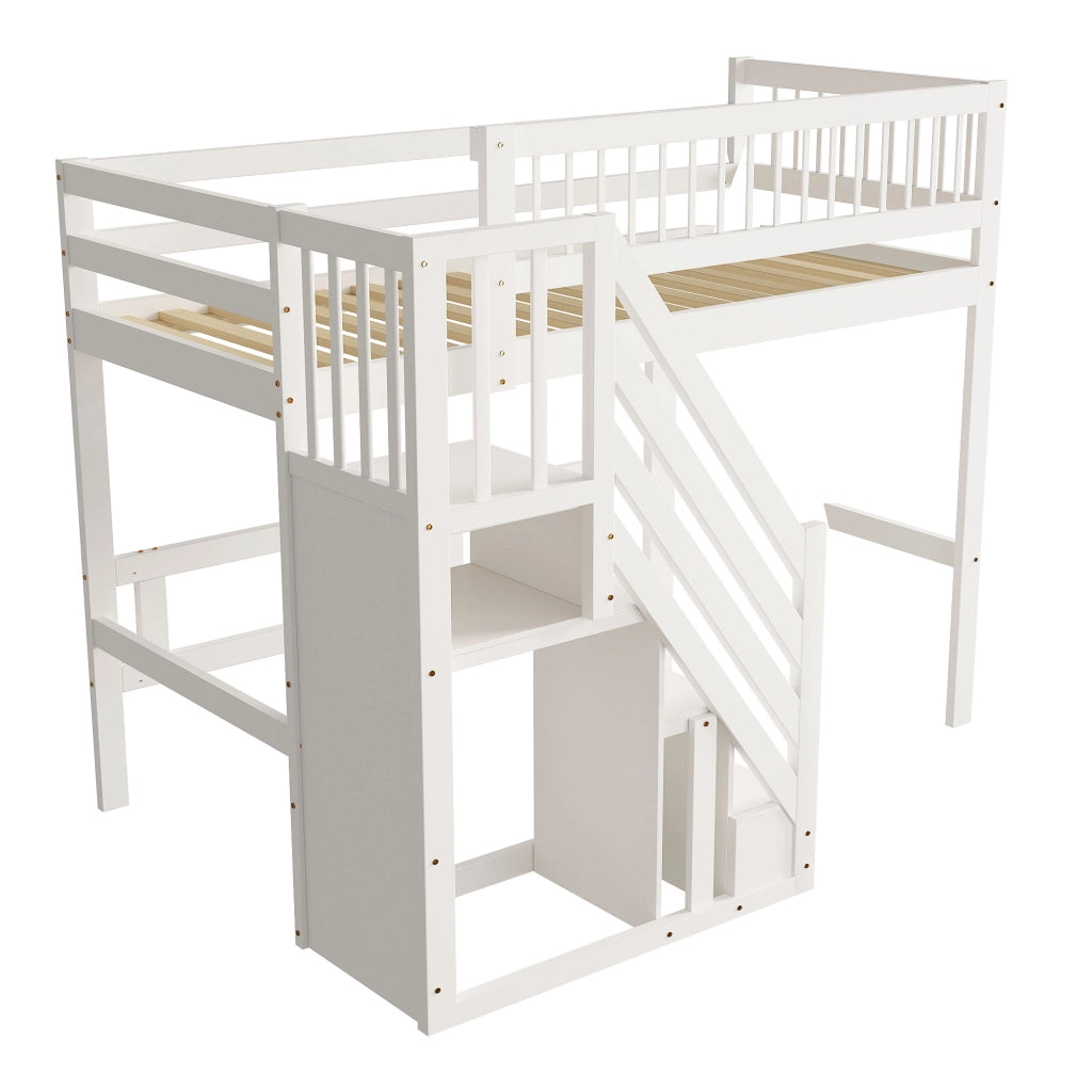 Letto singolo in legno bianco con scala contenitiva 90x200 cm