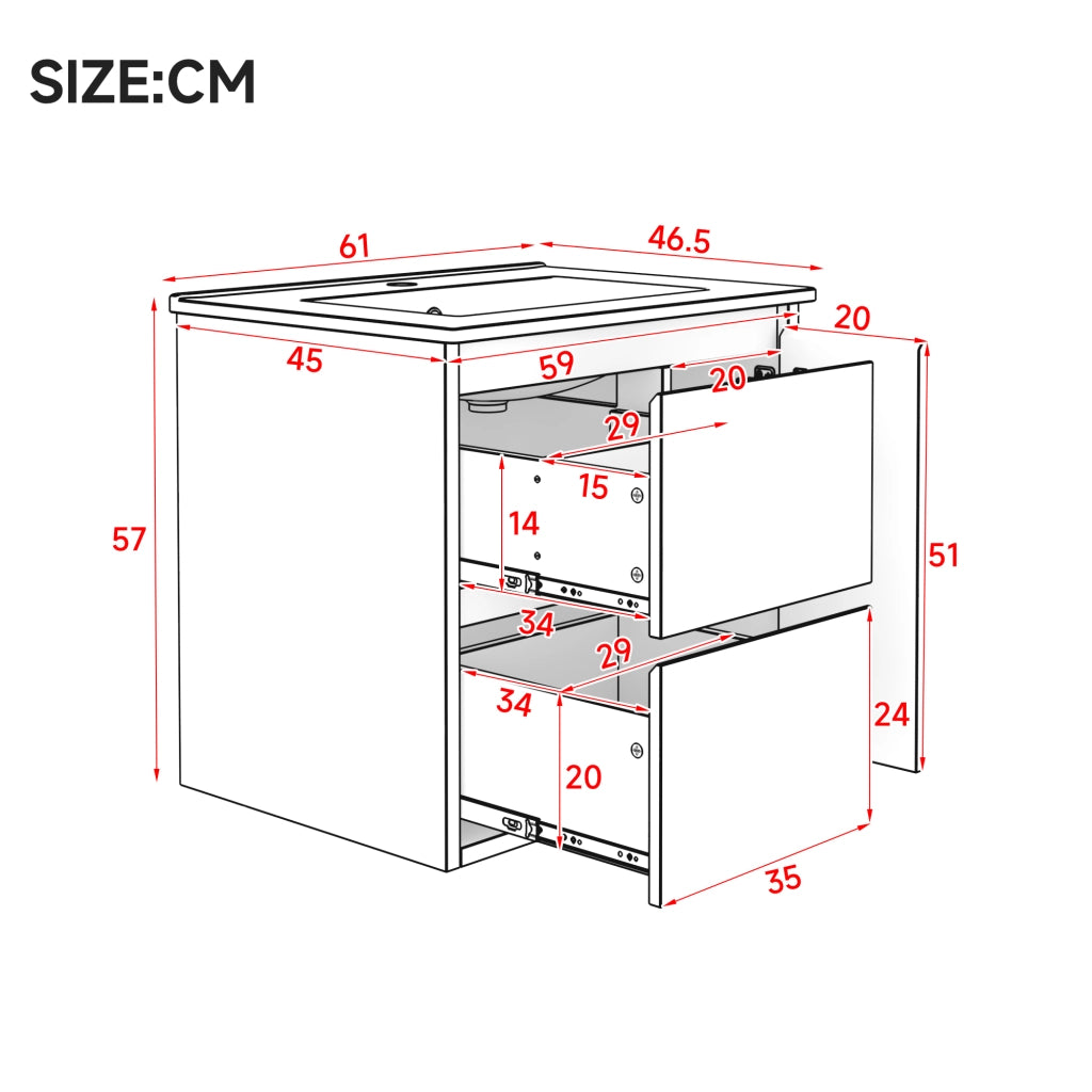 Mobile sottolavabo con 2 cassetti, 1 armadietto, LED a sensore e lavabo integrato per bagno, bianco 61 × 46,5 × 57 cm