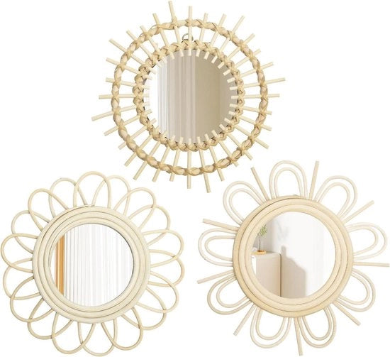 Set di 3 specchi moderni boho con ganci metallici - decorazione per parete per ingresso e soggiorno