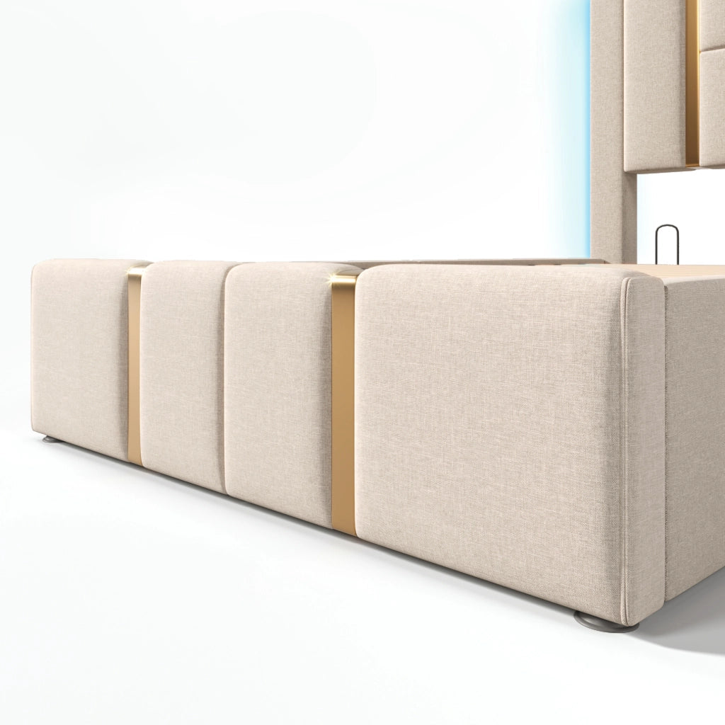 Letto imbottito 90x200 cm con LED RGB; USB e Type-C; contenitore; lino beige