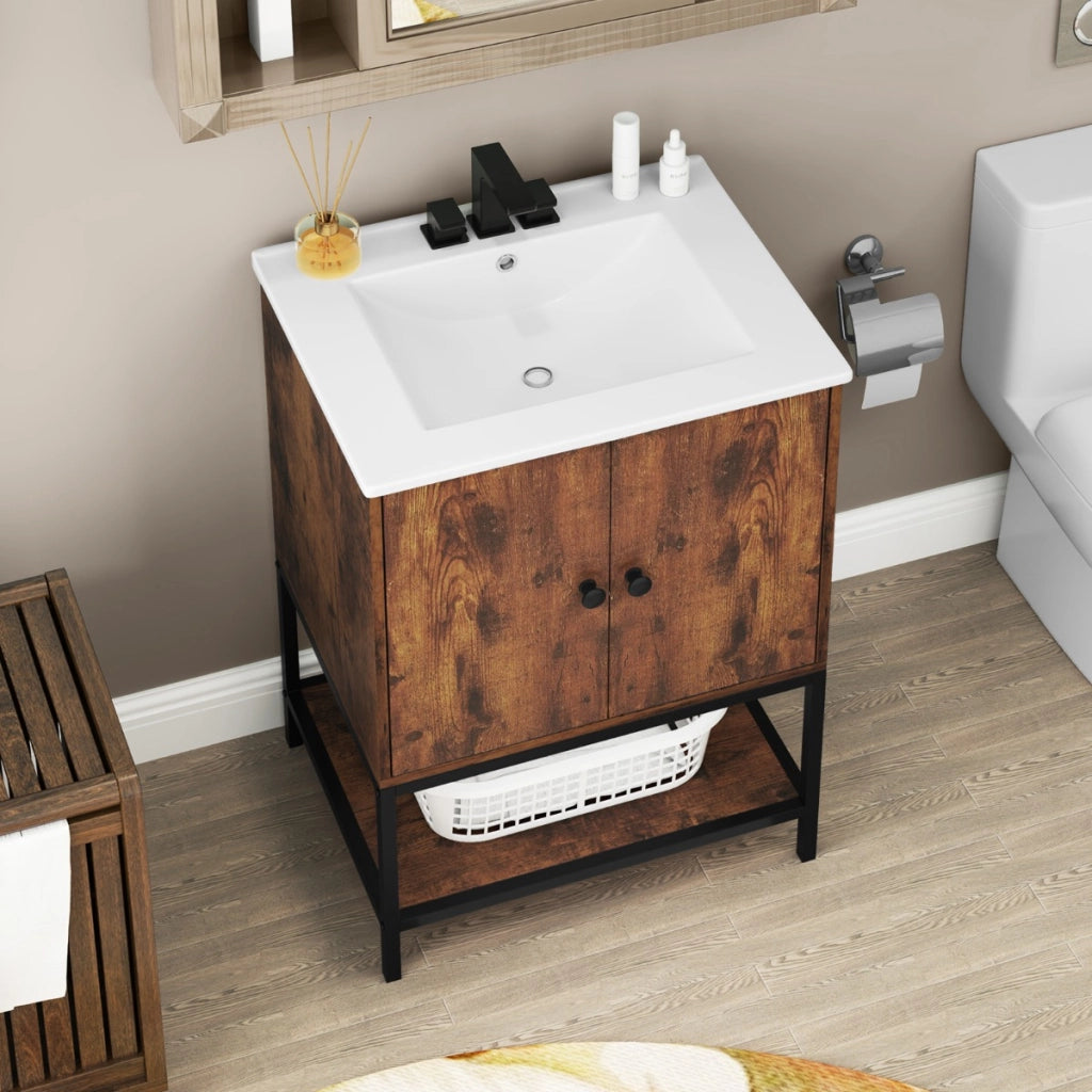 Mobiletto per bagno con lavabo in stile industriale-Armadietto a terra sotto lavabo con mensola aperta Marrone