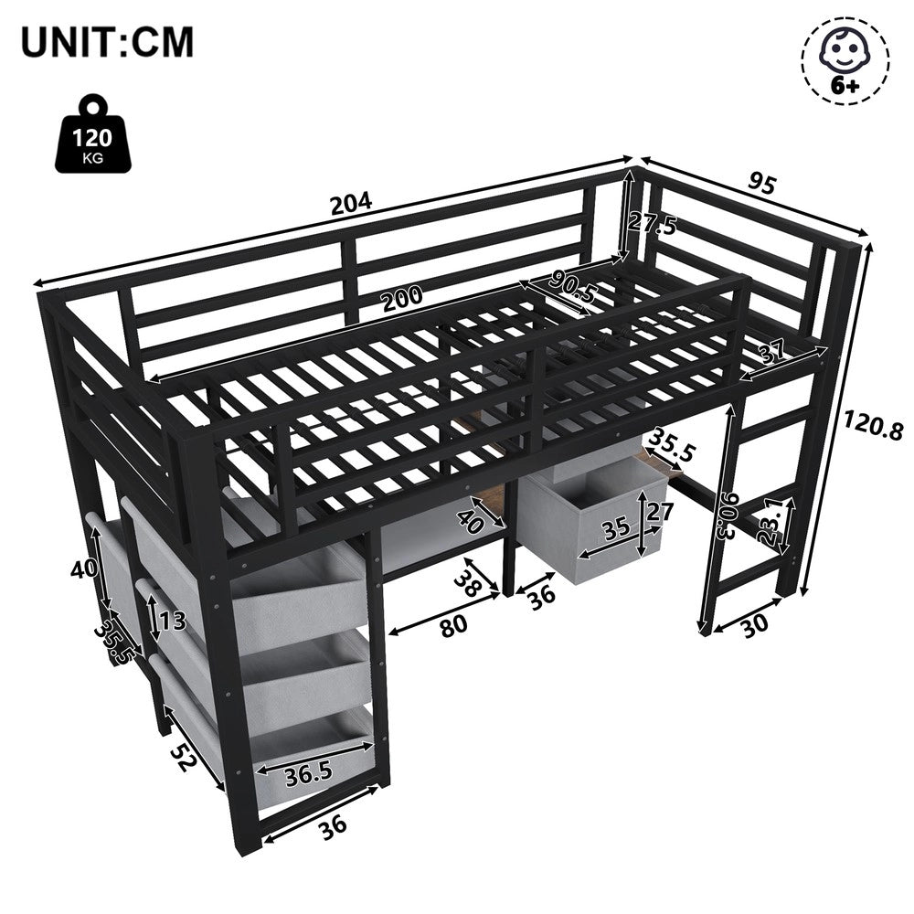 Letto a Soppalco con Cassetti e LED ¨C Xylo ¨C Metallo Nero 90x200