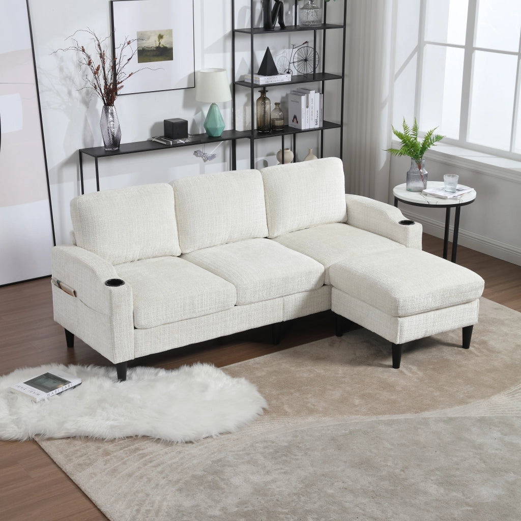 DIVANO 4 POSTI Con Pouf e Contenitore 196,5x75x77 cm Chenille Beige