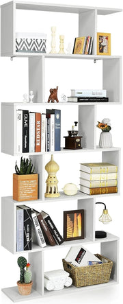 Libreria in Legno Scaffale Multifunzionale a 6 Ripiani per Piante e Libri per Ufficio Casa Ripiano a Forma di S, 80 x 23 x 192 cm (Bianco)