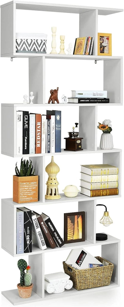 Libreria in Legno Scaffale Multifunzionale a 6 Ripiani per Piante e Libri per Ufficio Casa Ripiano a Forma di S, 80 x 23 x 192 cm (Bianco)