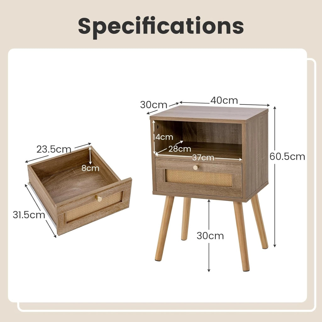 Set di 1/2 comodini, comodino con cassetto in rattan e vano aperto, tavolino laterale con gambe in pino, comodino per camera da letto, soggiorno, 40 x 30 x 60,5 cm (1)