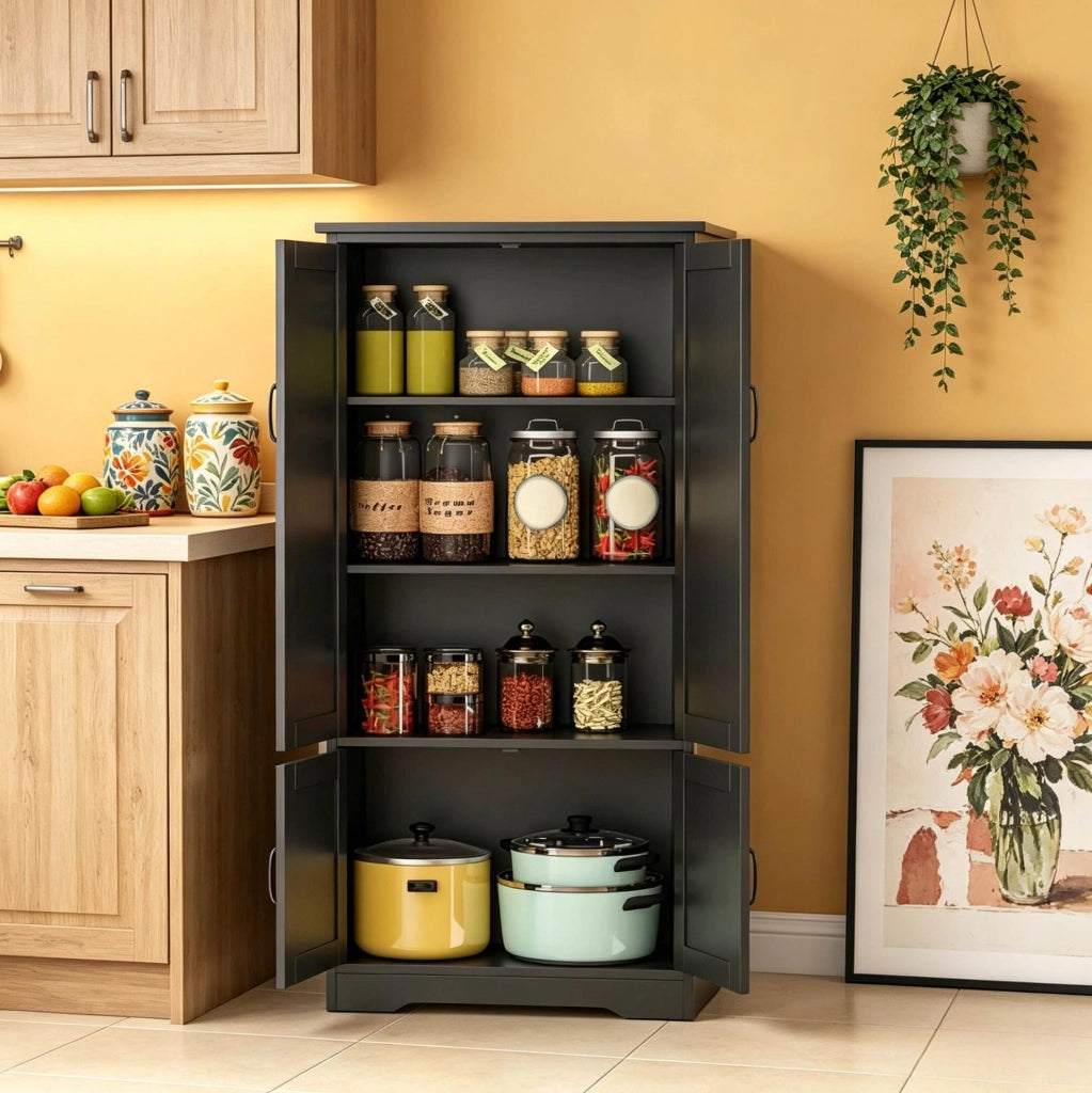 Mobile da cucina ULEVR 60x30x123 cm con 4 ante e 3 ripiani, armadio contenitore nero in MDF