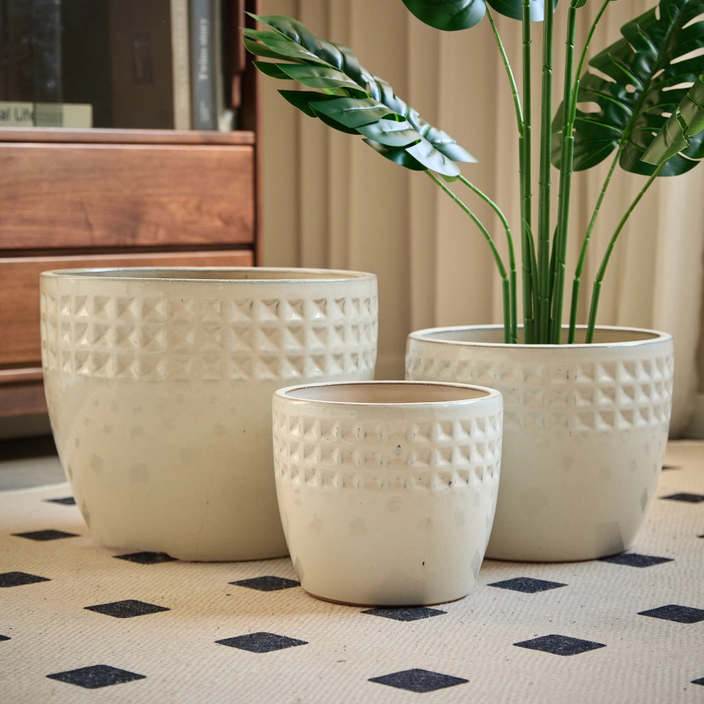 Fioriera a più livelli set di 3 vasi in ceramica con rilievo a nido d'ape per interno e balcone bianco crema