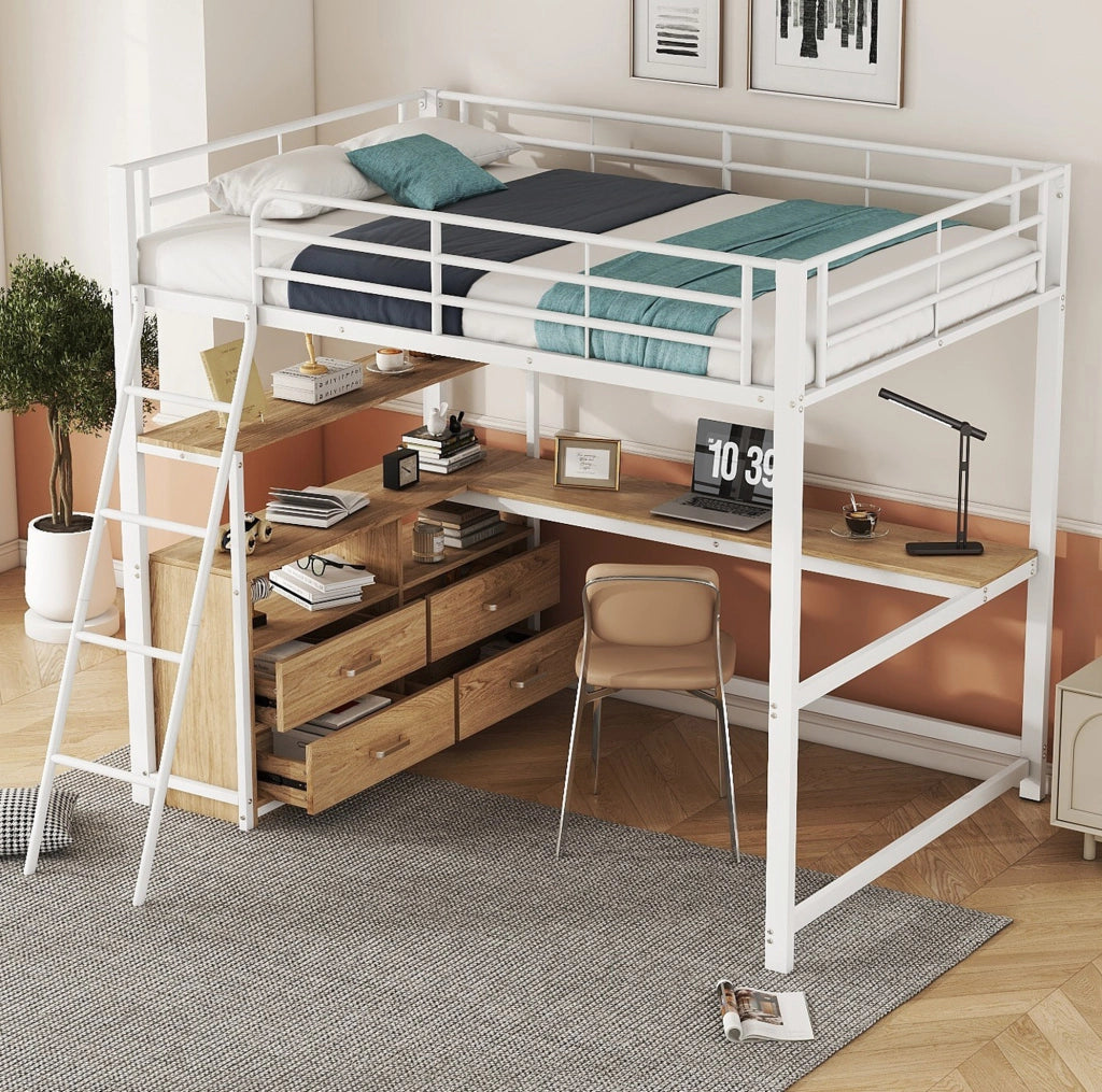 Letto a soppalco 140x200 cm con scrivania a L e cassetti in MDF e metallo bianco