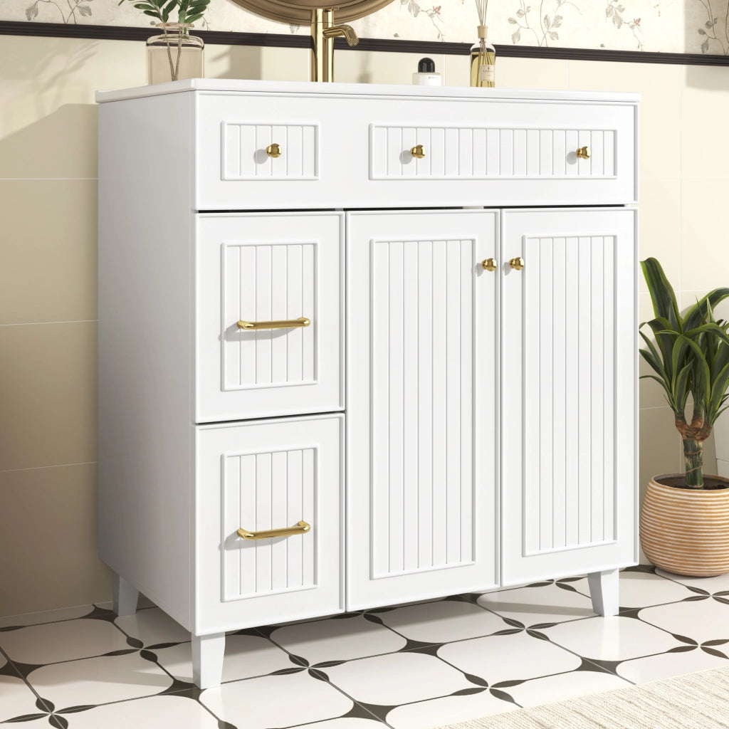Mobile sottolavabo con lavabo in ceramica, 2 cassetti e 1 anta, piedini in legno massello, per bagno, bianco, 81,7 cm
