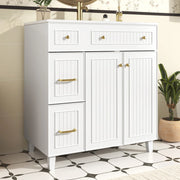 Mobile sottolavabo con lavabo in ceramica, 2 cassetti e 1 anta, piedini in legno massello, per bagno, bianco, 81,7 cm