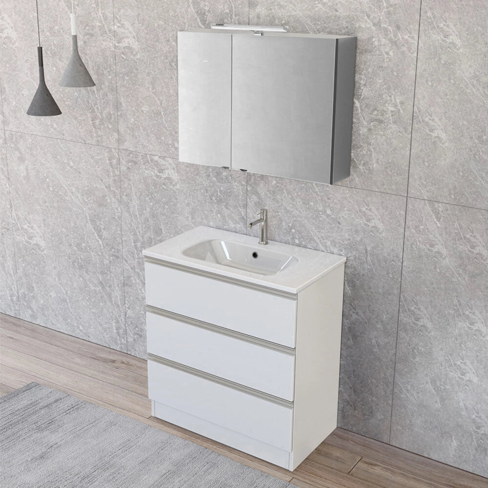 Mobile bagno con specchiera 80 cm bianco opaco con cassetti e lavabo incluso Master