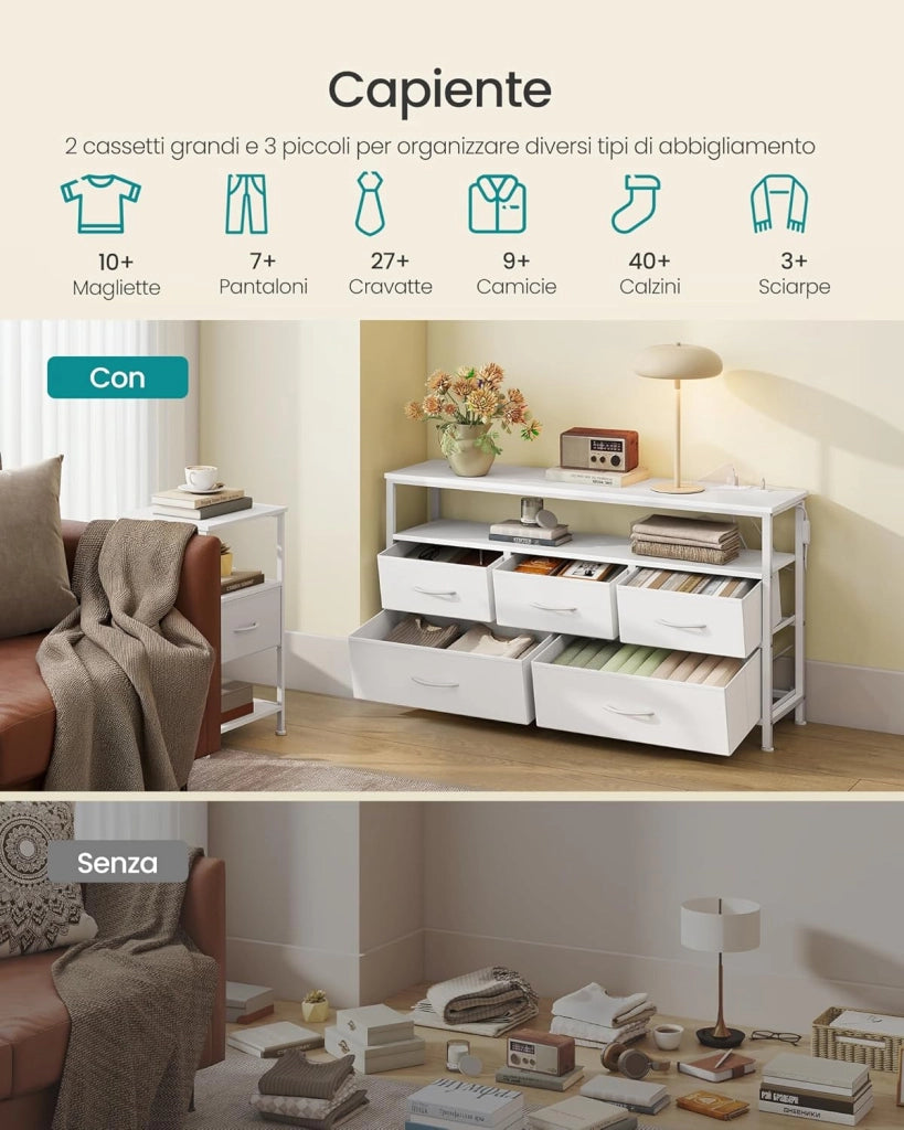 SONGMICS BELLAH Collezione - Cassettiera con LED Regolabile Controllato da APP, Mobile con Prese, 1 Ripiano, 5 Cassetti, Moderno, Bianco Nuvola LGS723WH01