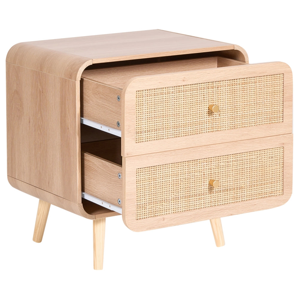 Comodino in truciolato marrone chiaro, 2 cassetti, con gambe in legno e frontali in vimini, per camera da letto e soggiorno