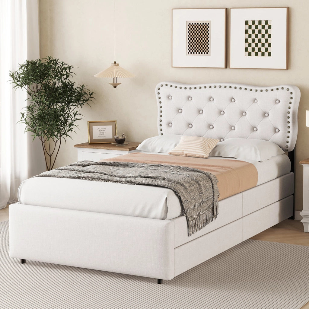 LETTO imbottito 90x200 cm beige chiaro con 2 cassetti