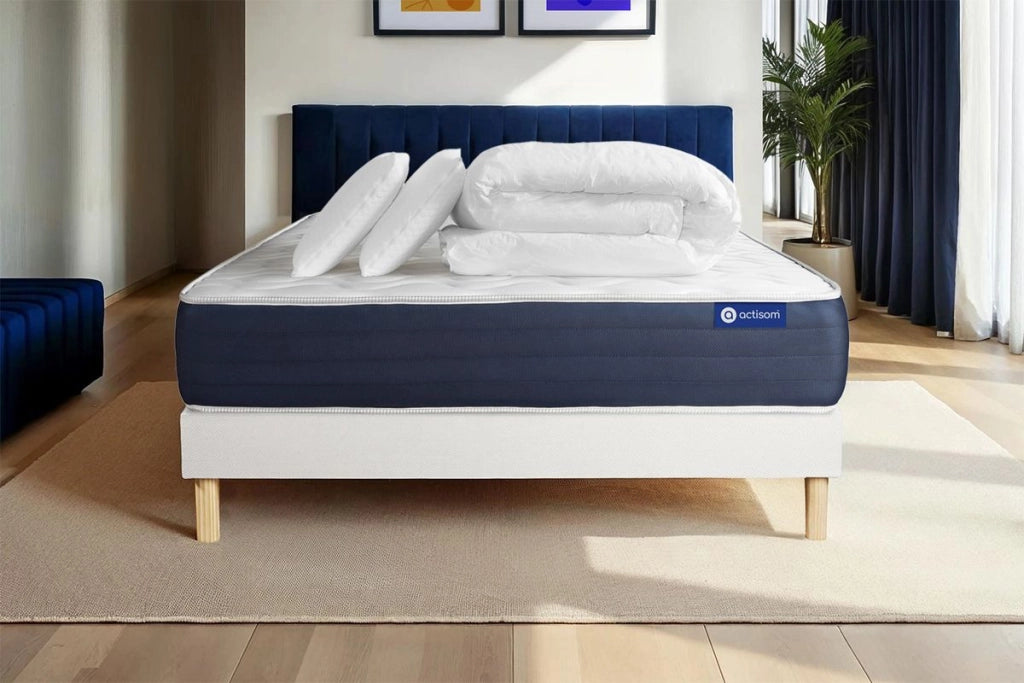 Pacchetto letto completo - Materasso 140x190cm + Box spring con doghe (in kit) + 2 cuscini + Piumino - Actimemo Sleep