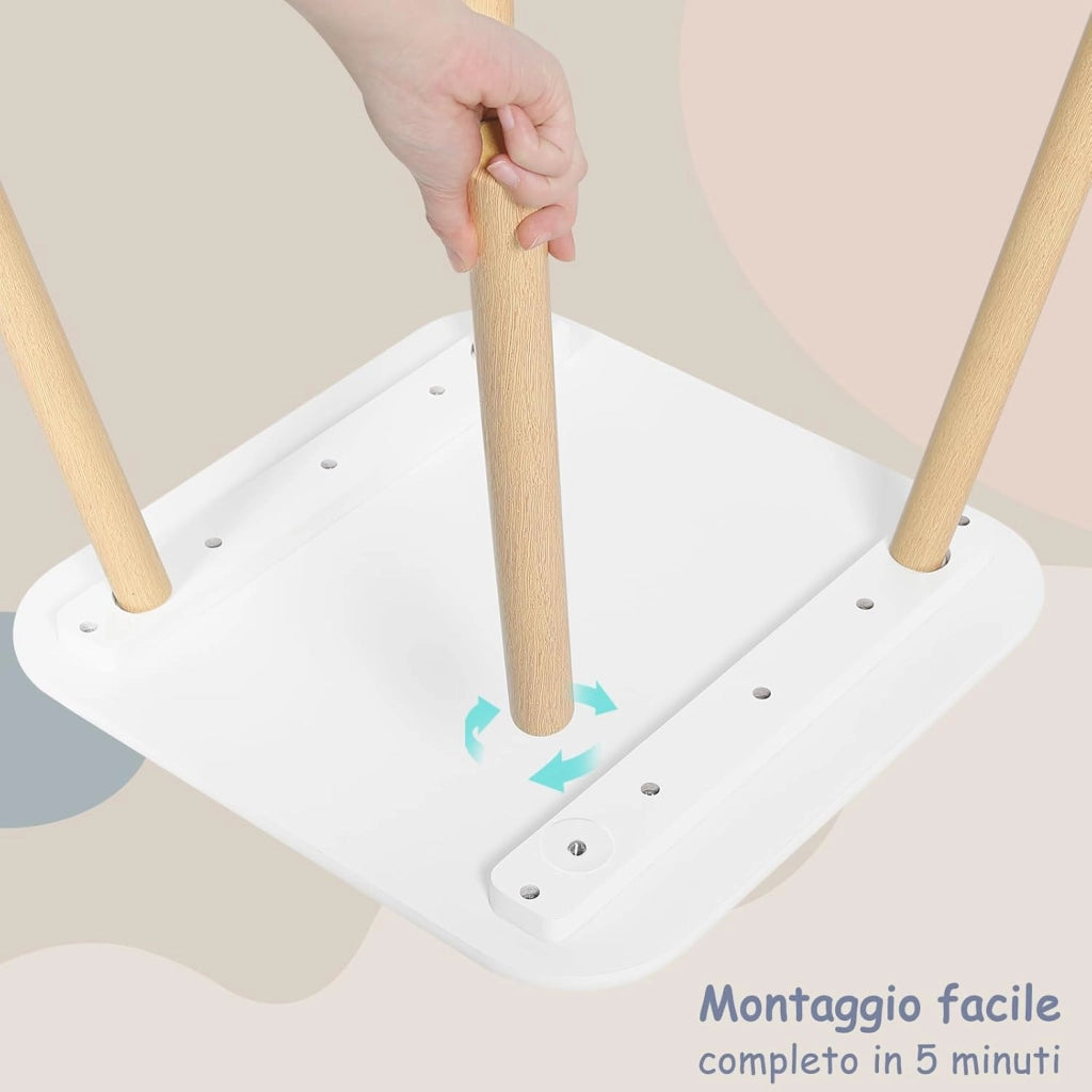 Tavolino e Sedie per Bambini con 2 Sedie, per Mangiare e Dipingere, Forma di Coniglio, Cameretta, Asili Nidi, in MDF e Legno Massello, Bianco e Venature Legno