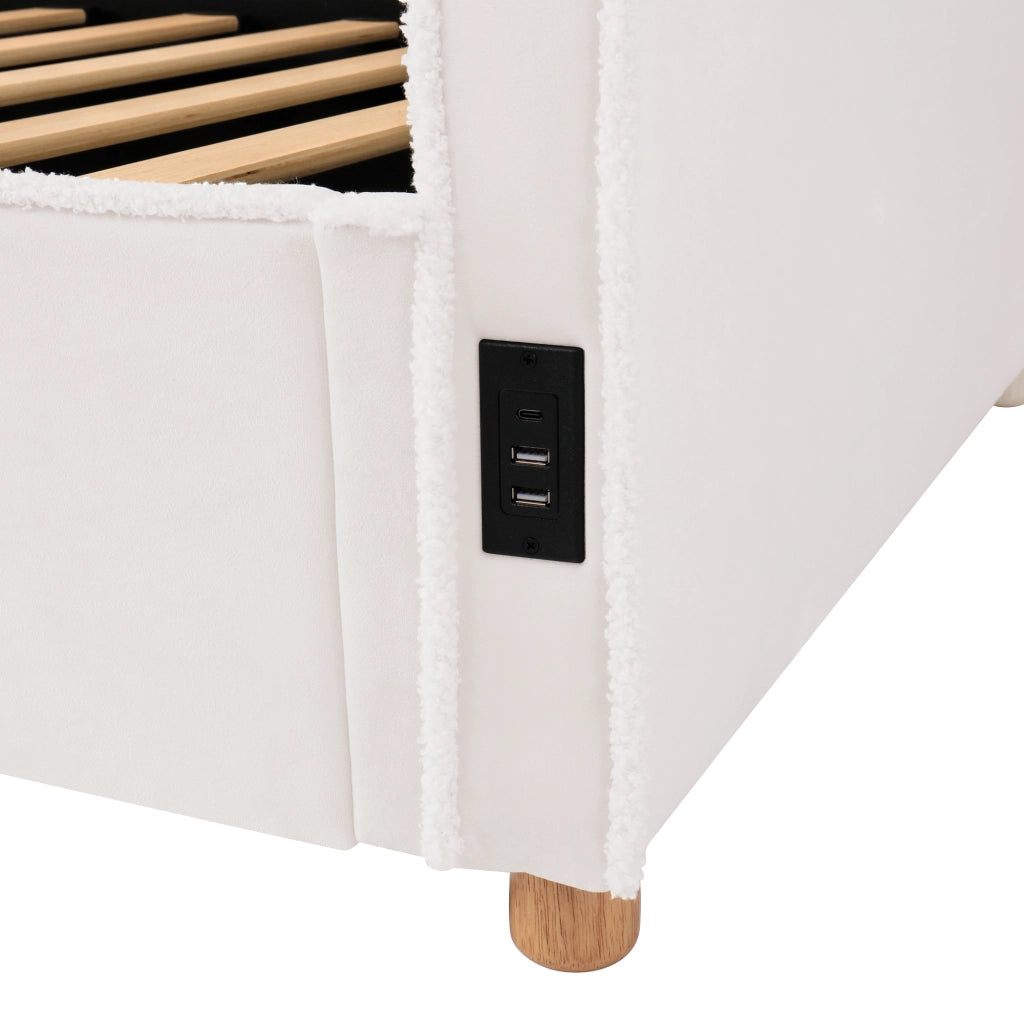 Letto contenitore per bambini 90 × 200 cm con contenitore idraulico, USB e Type-C, senza materasso, in velluto beige