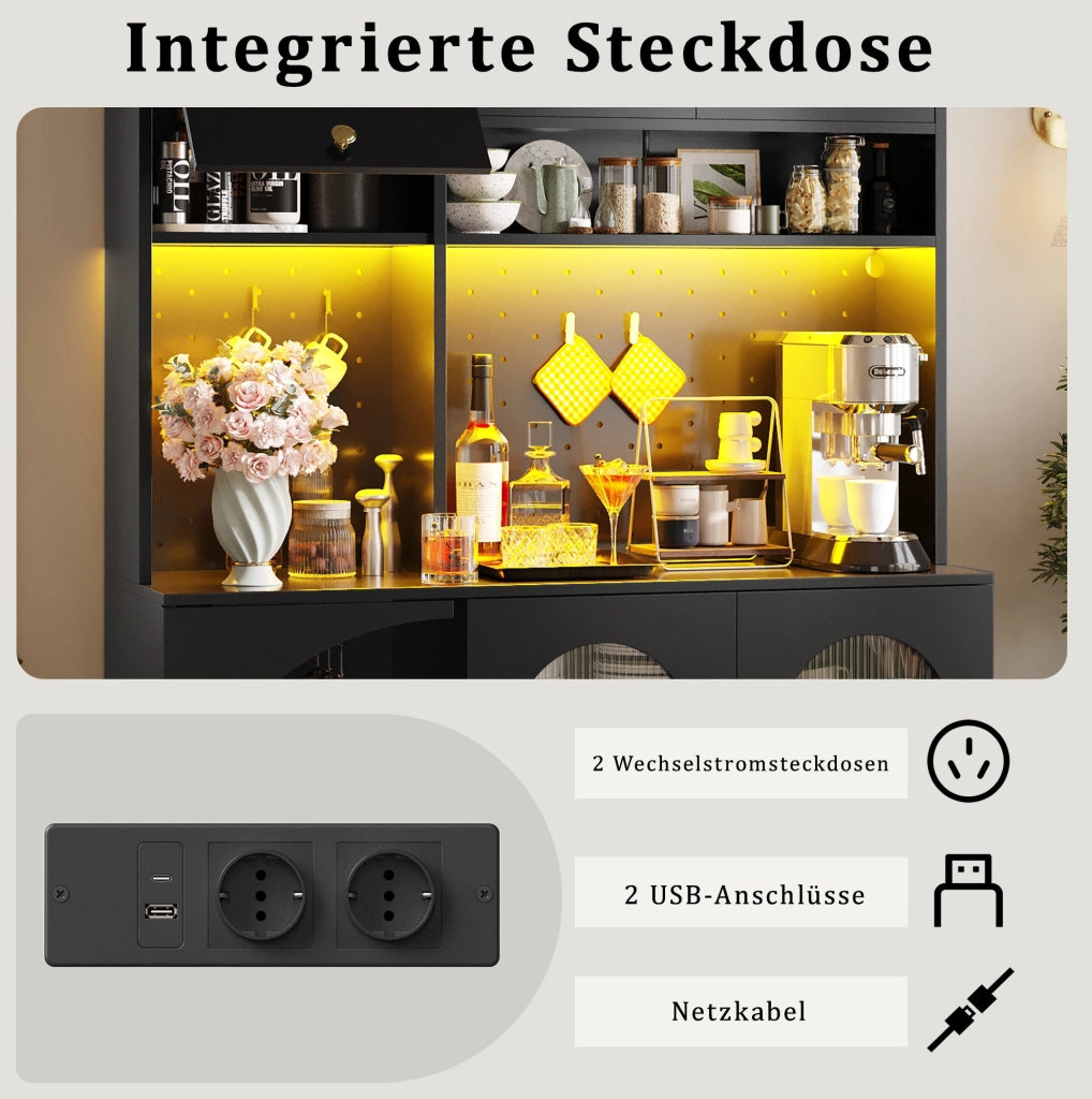 Mobile alto da cucina nero con LED, prese USB e portabottiglie
