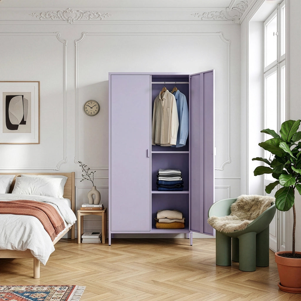 Armadio Guradaroba Esteli in Acciaio a 2 Ante con 2 Barre Appendiabiti e 4 Ripiani 170 x 80 x 45 cm - Viola [en.casa]