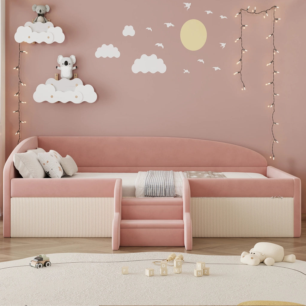 Letto imbottito per bambini 90x190 cm con gradini, sponde e rivestimento in velluto