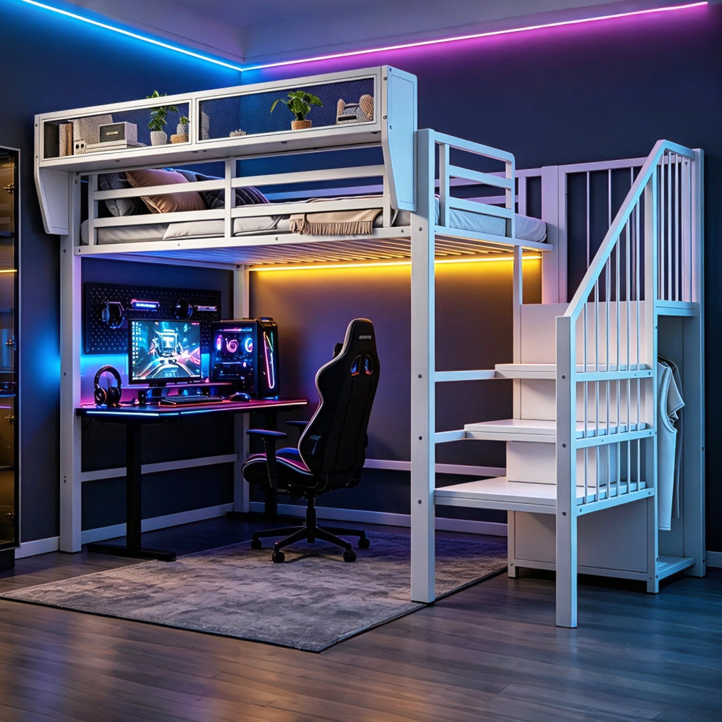Letto a soppalco 90 × 200 cm con LED, scala di sicurezza e ripiani regolabili, senza materasso, in metallo bianco