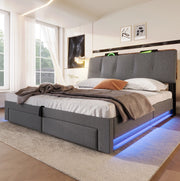 Letto contenitore imbottito ULEVR 140x200 cm con LED, USB e Type-C, cassetti laterali, lino grigio